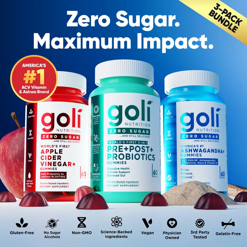 Goli Zero Sugar Best Seller Trio – Daily Gut & Wellness Support with Pre, Post & Probiotics, Apple Cider Vinegar, Ashwagandha & L-Theanine Gummies